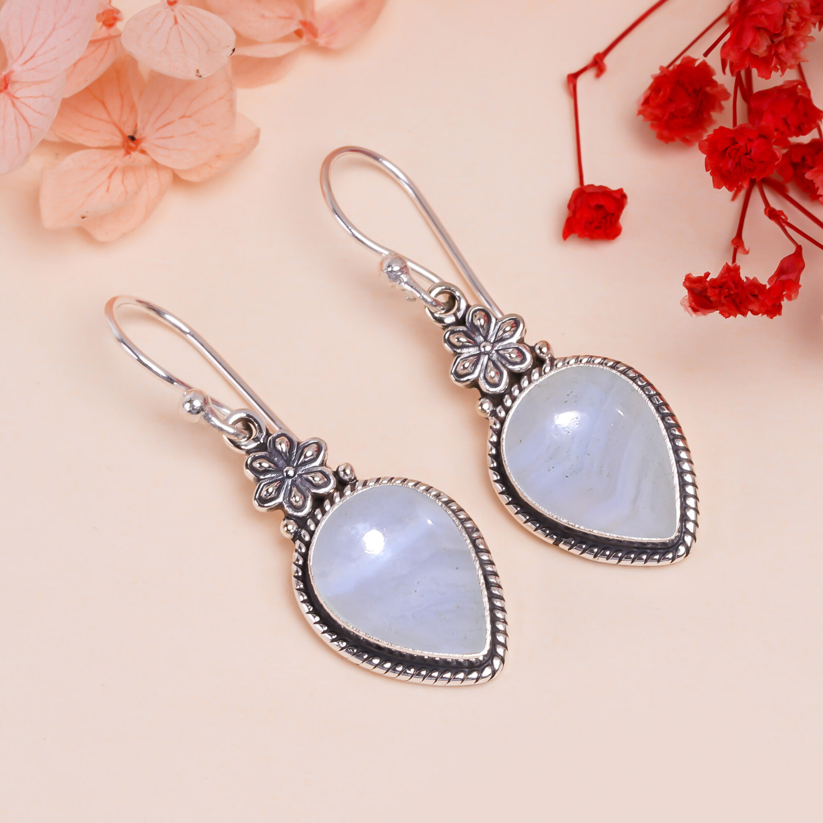 Blue Lace Agate Gemstone Earring 925 Sterling Silver Handmade Jewelry