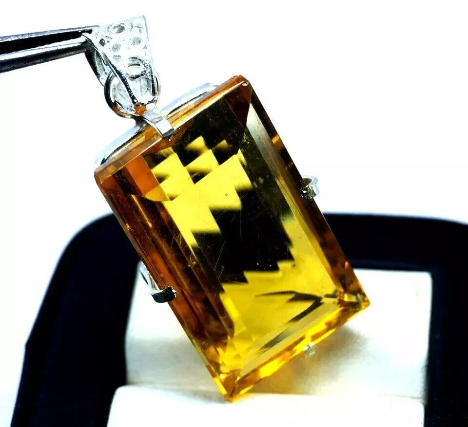 Natural Yellow Citrine 925 Solid Silver 97 Ct+ Pendant Emerald Cut HG Gemstone