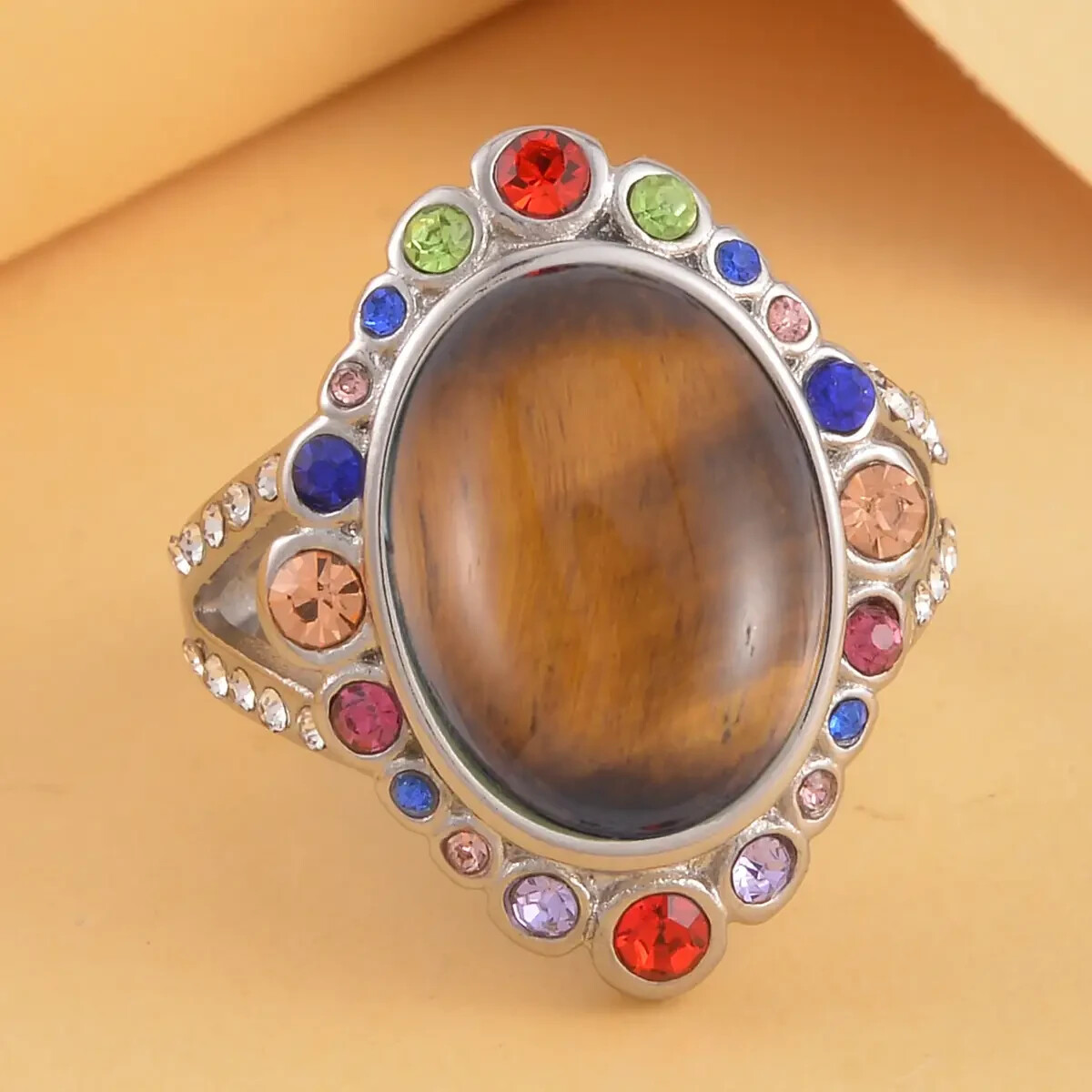 Tiger’s Eye, Multi-Color Austrian Crystal Halo Ring-316L Stainless Steel Size 8