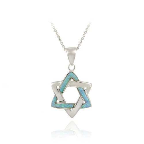 .925 Silver Blue Opal Star of David Pendant Necklace, 18″