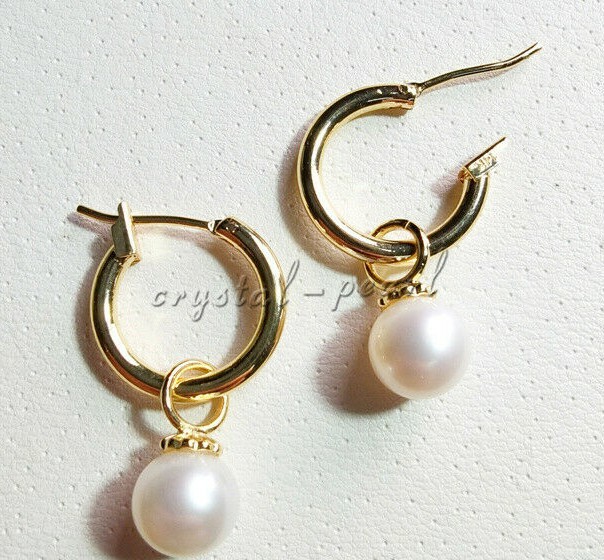 7-8mm natural akoya white AAA round pearl earrings 14k Yellow Gold hoop