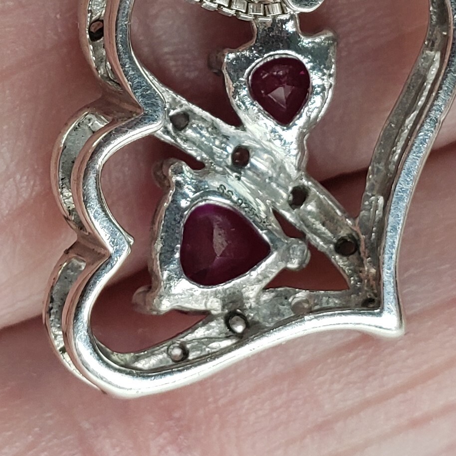 Sterling Silver Red Ruby & Diamond Pendant & 18-in Box Chain 3.2g [7064]