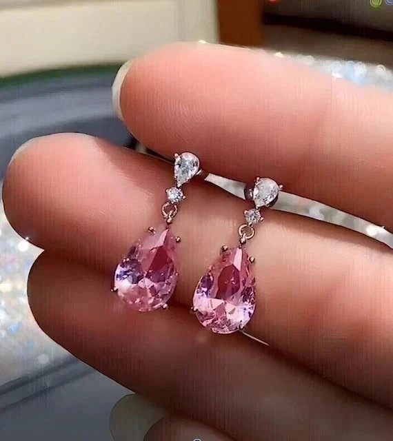 Lab Created Pink Sapphire 2Ct Pear Cut Drop/Dangle Earring 14K White Gold Plated