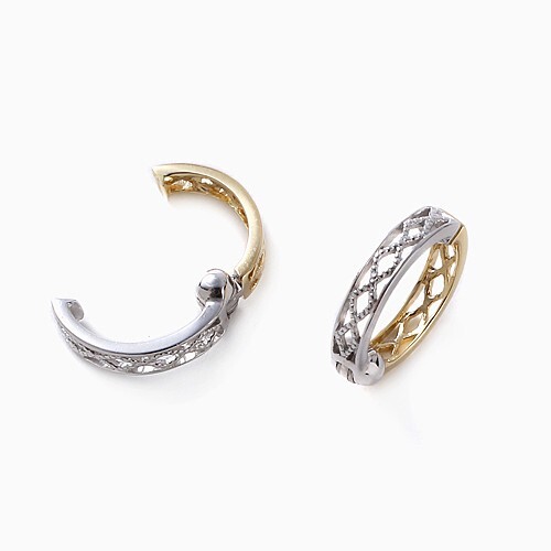 18K Solid Yellow White Gold Mini Hinged Clip-On Earrings Openwork Made in Japan