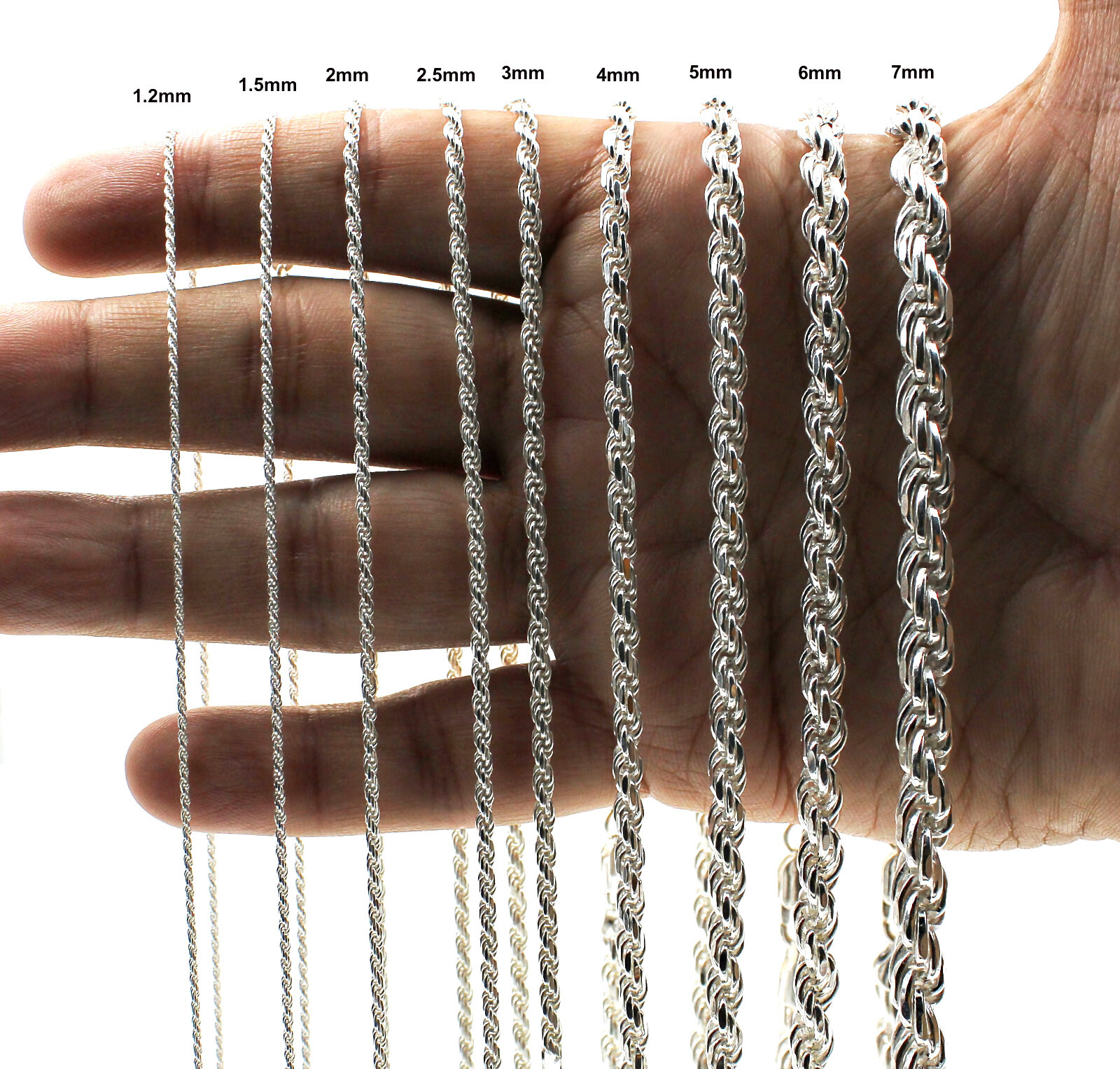 Real 925 SOLID Sterling Silver ROPE CHAIN Bracelet, Diamond Cut, ITALY 2MM-7MM