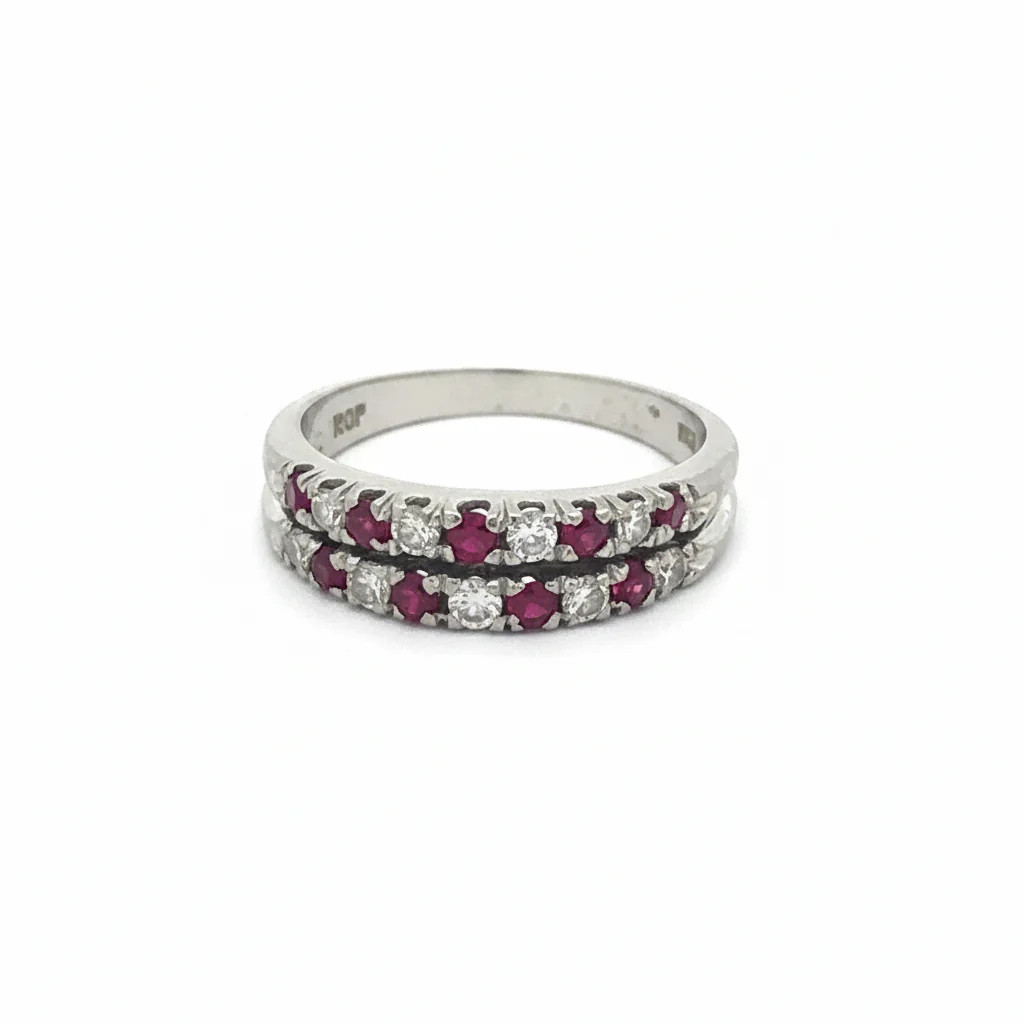 Ruby and Diamond Double Row Stacker in 18k White Gold