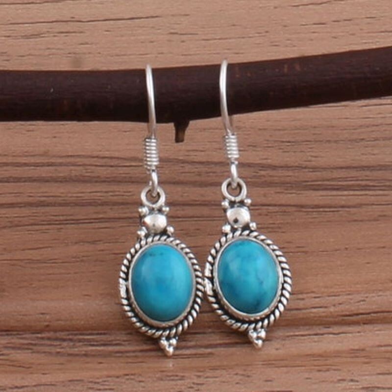 Sterling 925 Silver Cabochon Natural Blue Turquoise Handmade Earrings
