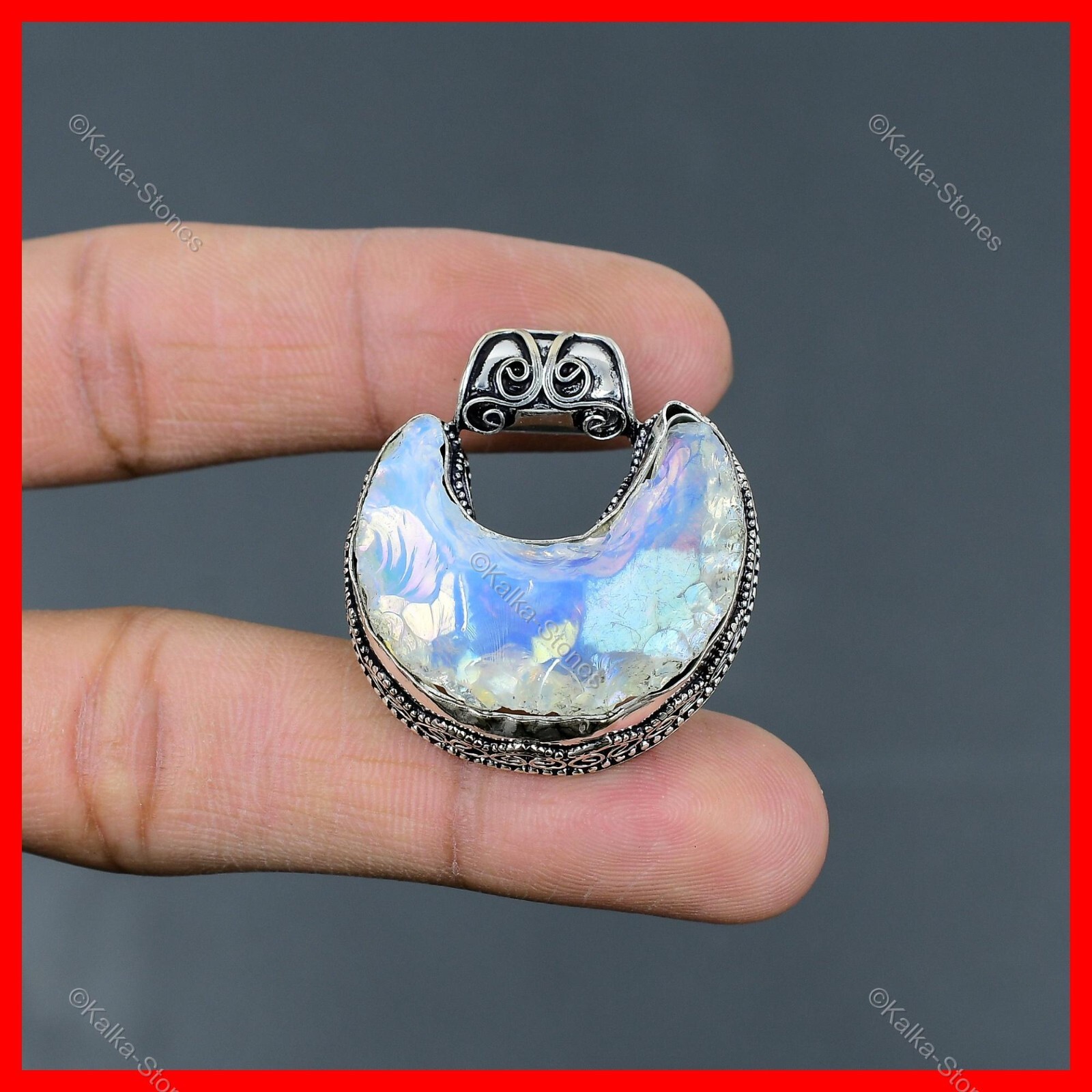 Milky Opal Rough Gemstone Crescent Moon Vintage Wife Pendant 925 Sterling Silver