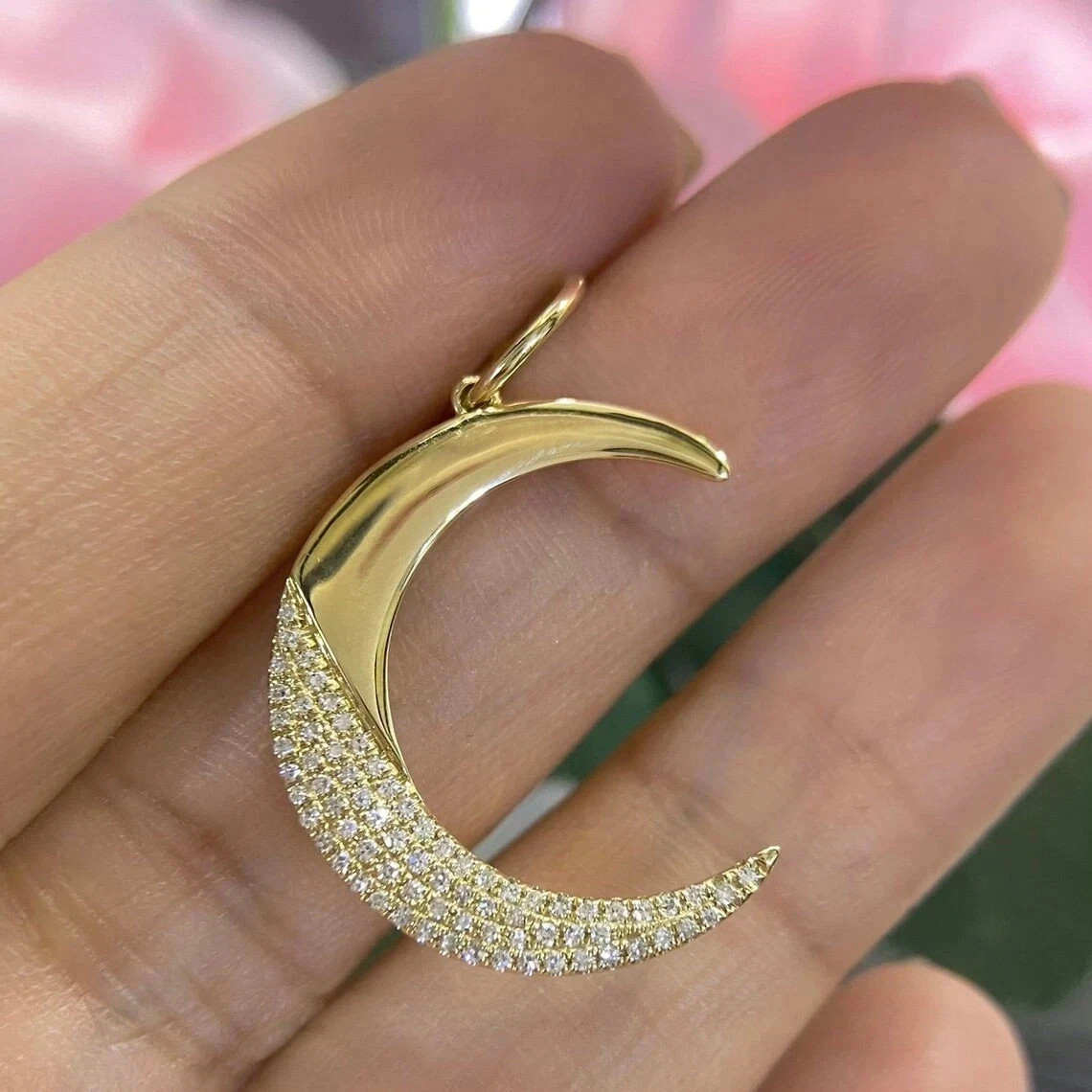 Half Moon Pendant 14K Yellow Gold Plated 2Ct Round Cut Lab Created Diamond Women