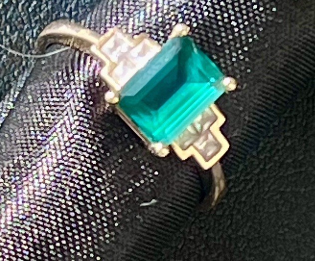 14K Yellow Gold 1.48ct Lab Created Emerald Art Deco Ring Size 8 Vtg Style 3.1 g