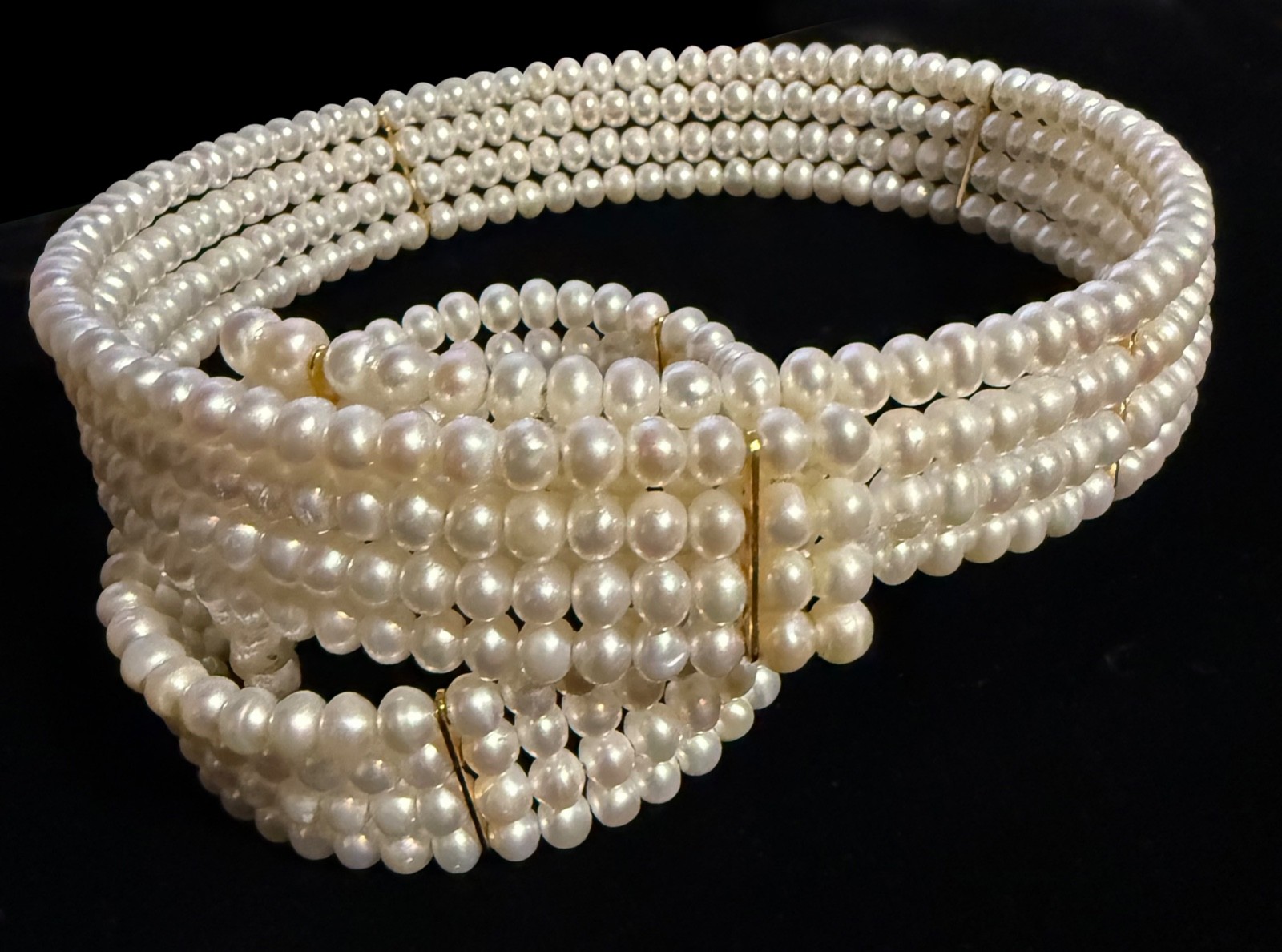 4 Row Pearl & Gold Tone Choker Collar Necklace & Bracelet Set