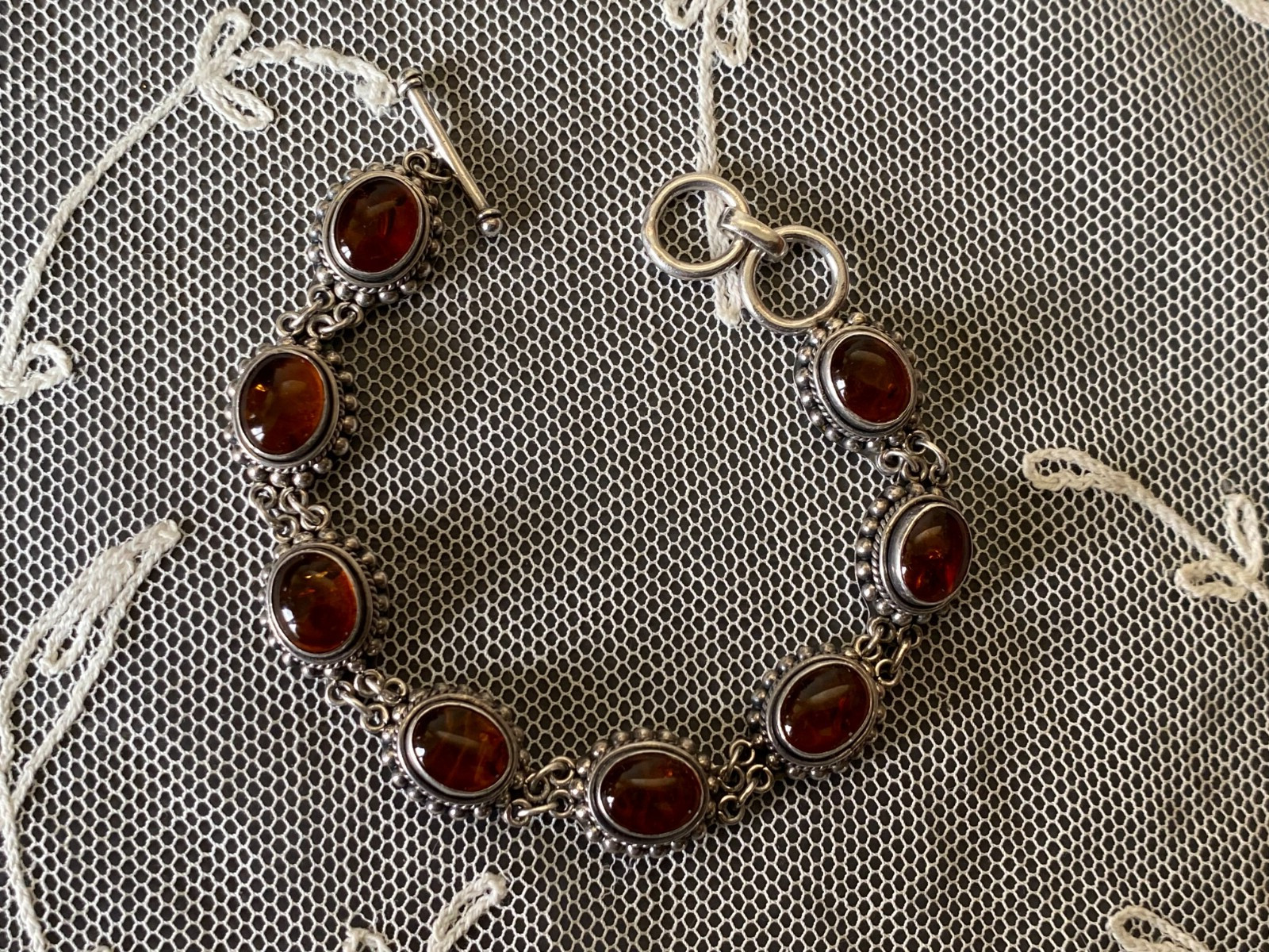 BA Suarti Artisan 925 Sterling Silver & Amber Cabochon Toggle Bracelet Indonesia