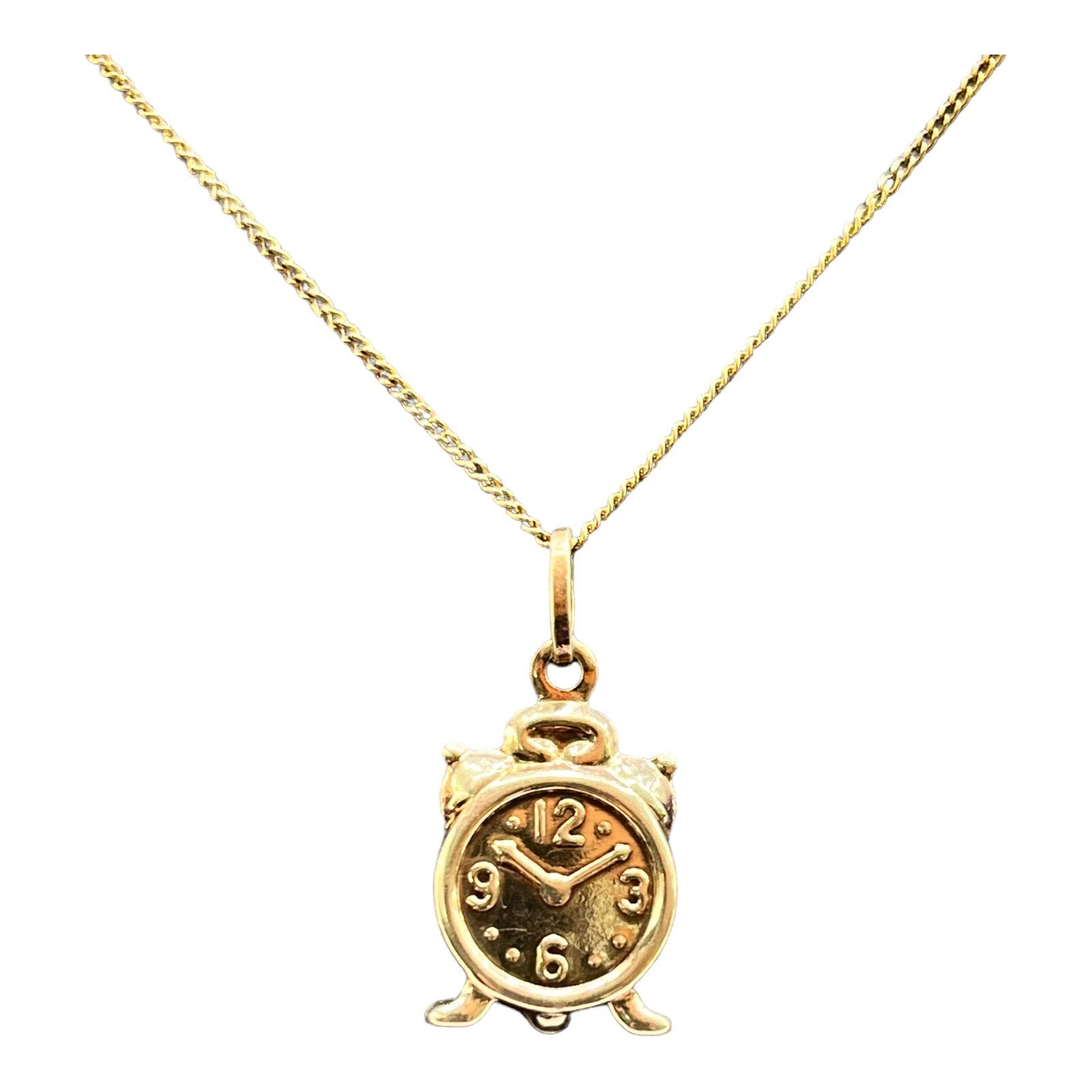 9ct 9K Yellow Gold Analog Alarm Clock Charm Pendant 1.61 Grams. Brand New