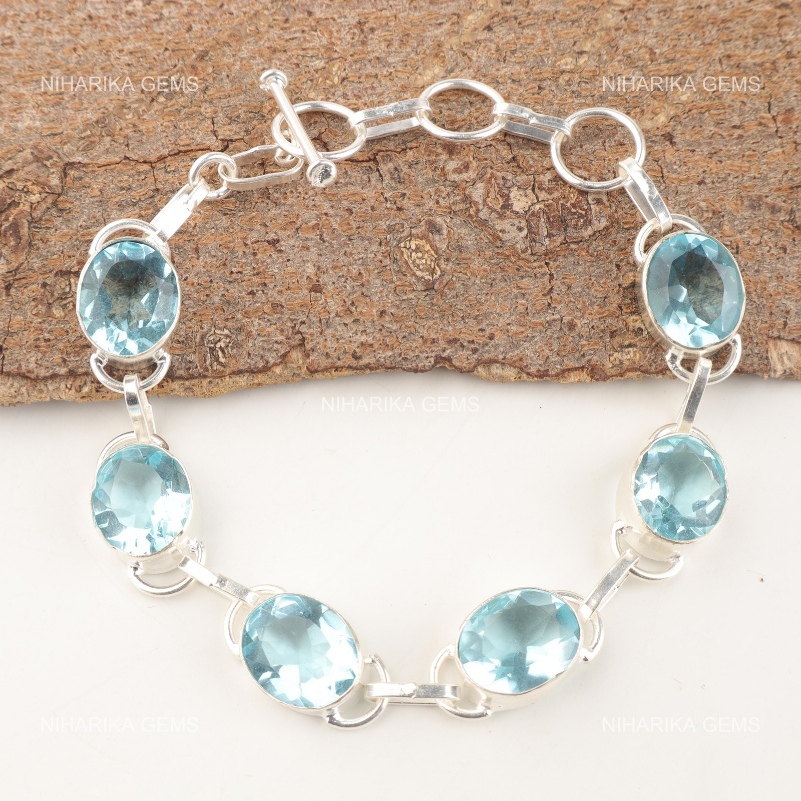 925 Sterling Silver Oval Sky Blue Topaz Stone Engagement Chain December Bracelet