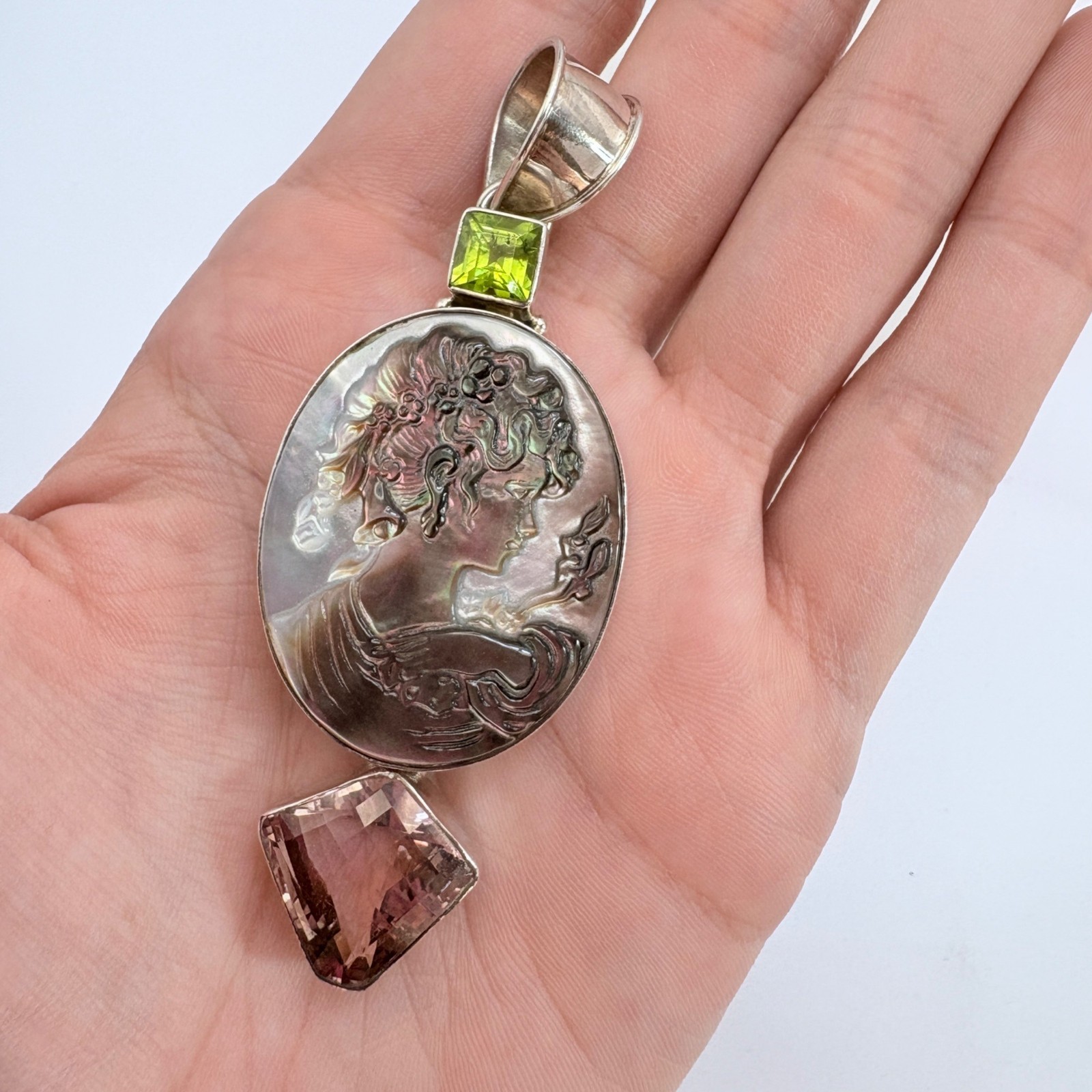 Peridot Smoky Quartz Mother of Pearl Cameo Pendant 925 Sterling Silver 3.5″ L