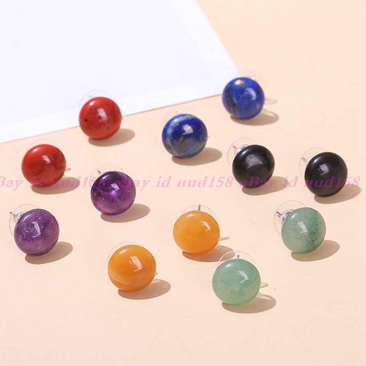 Round Fire Natural 12mm multicolor Gemstone Silver Stud Hook Earrings Women