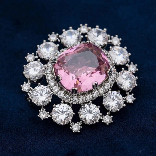 3Ct Cushion Cut Lab-Created Pink Sapphire Women’s Brooch 14K White Gold Plated