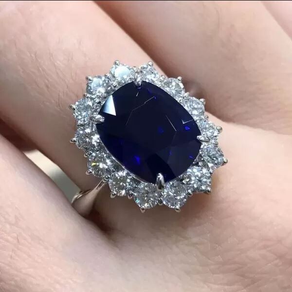September Birthstone ! 3CT Cushion Natural Sapphire & Diamond Ring 14k Gold