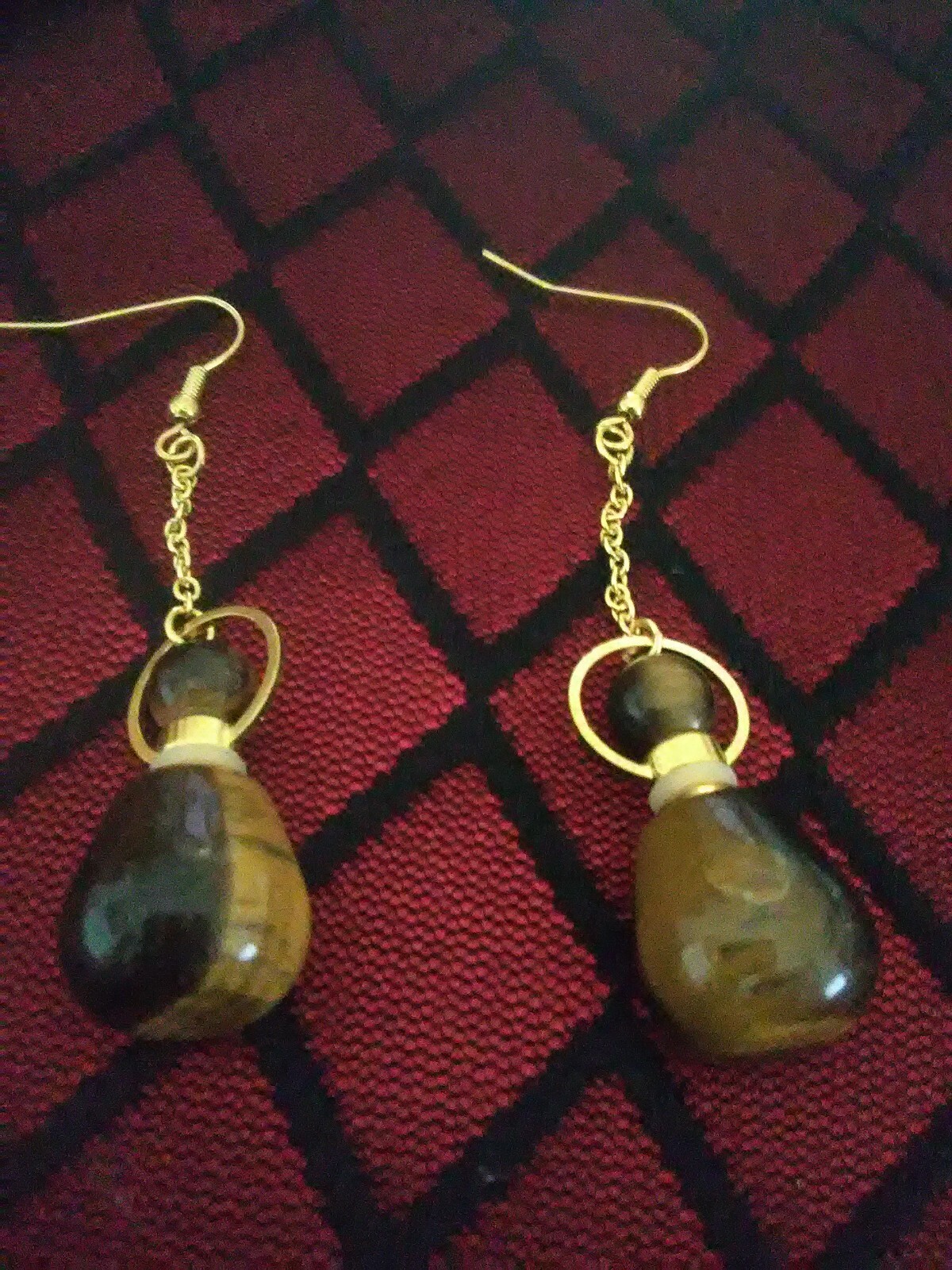 Yellow Tiger Eye Perfume Bottle Earrings in GT and Stainless Steel 70 ctw