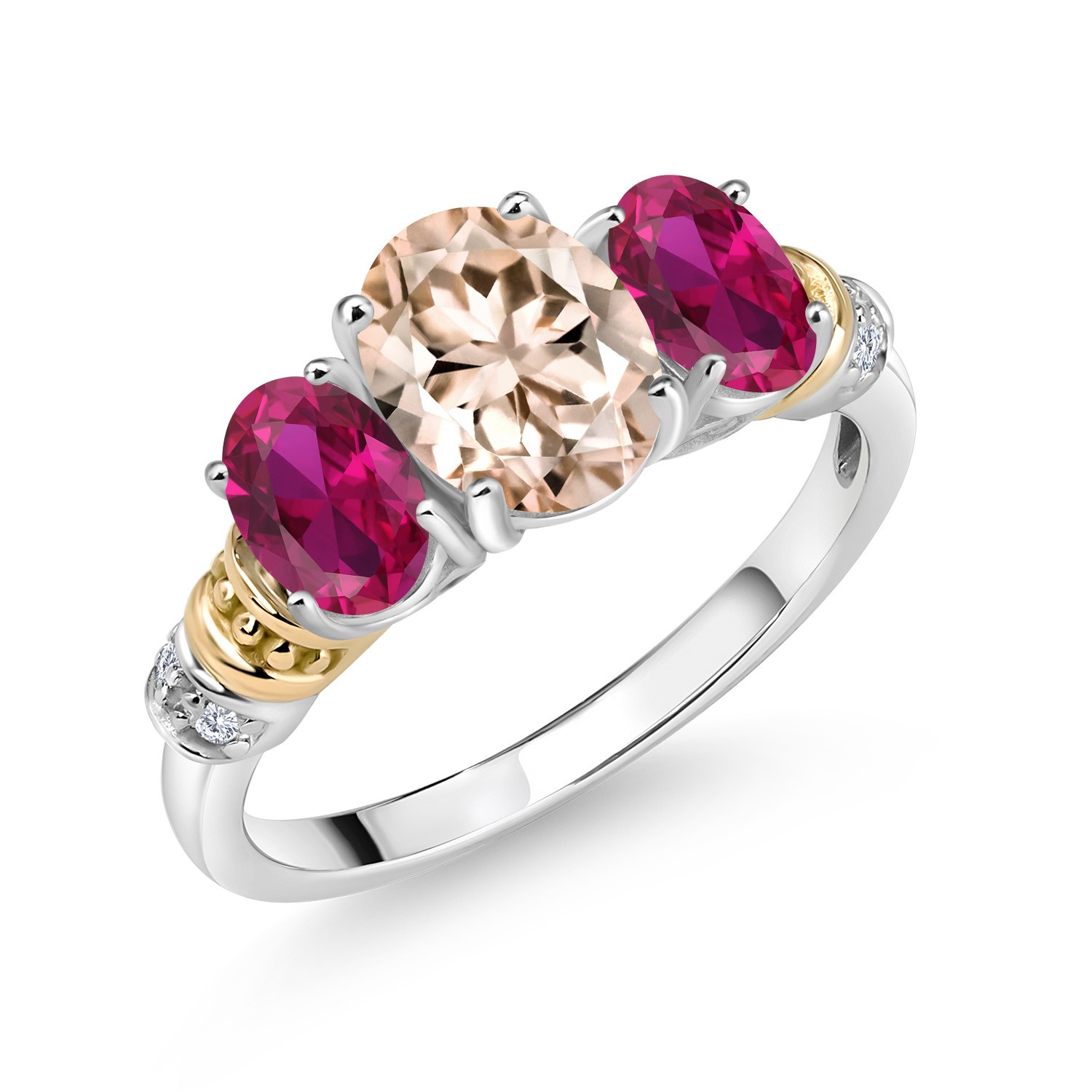 925 Sterling Silver and 10K Yellow Gold Peach Morganite Created Ruby and