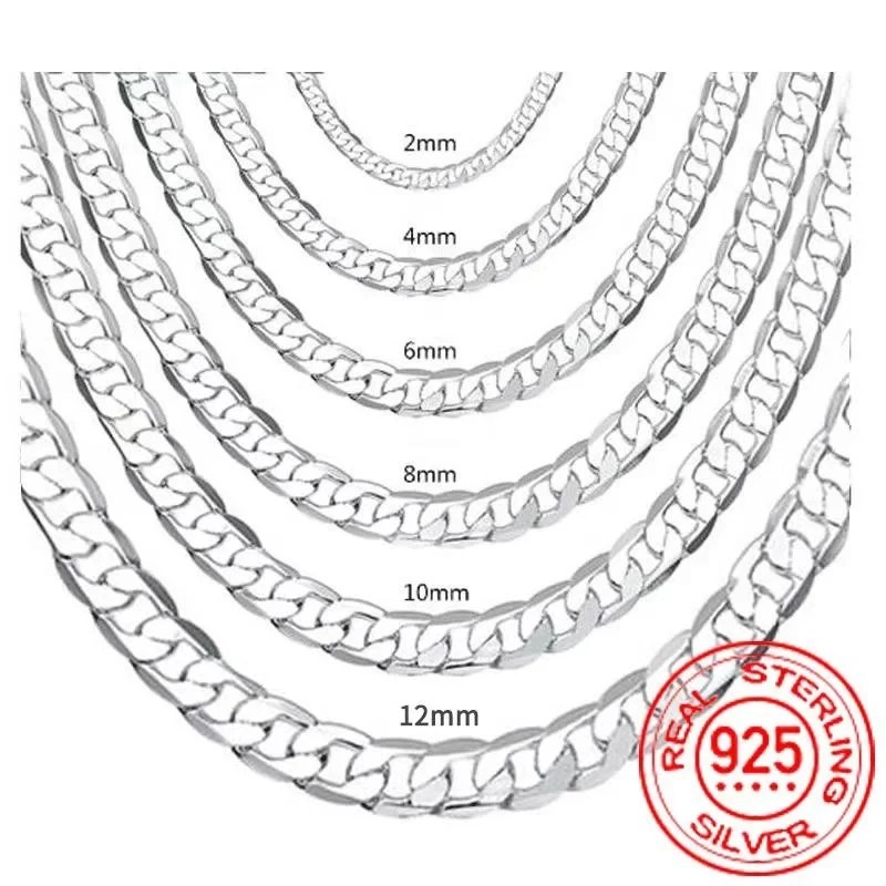 Solid 925 Sterling Silver Curb Chain Men&Women Necklace 2mm to 12mm / 16 to 30