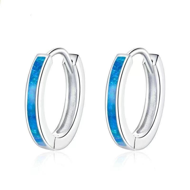 Beautiful Blue Opal Hoop Huggie 12mm Stud Earrings in Solid Sterling Sterling