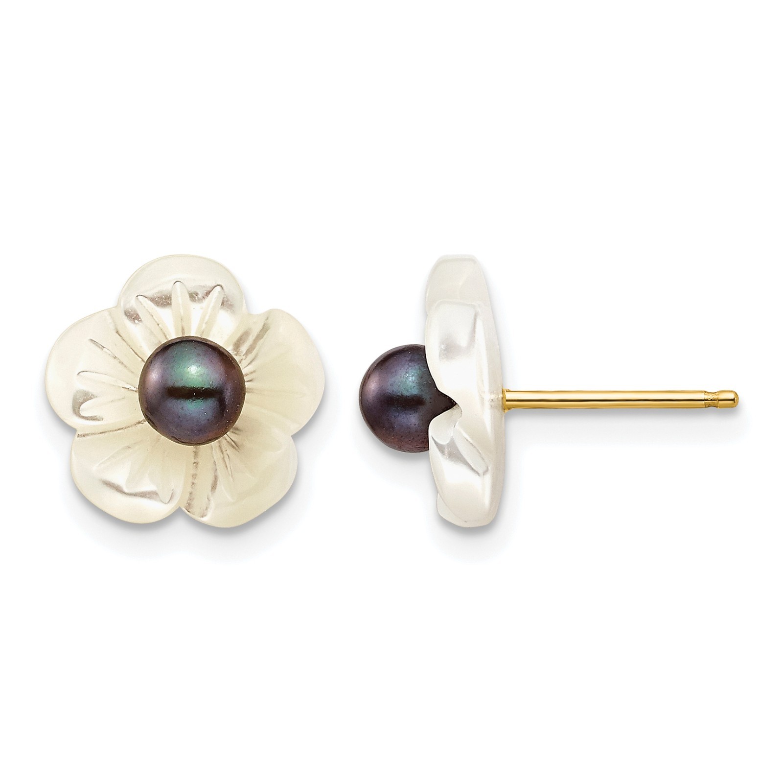 14k 3-4mm Black Round Pearl and 10 mm White Mother of Pearl Flower Post Earrings