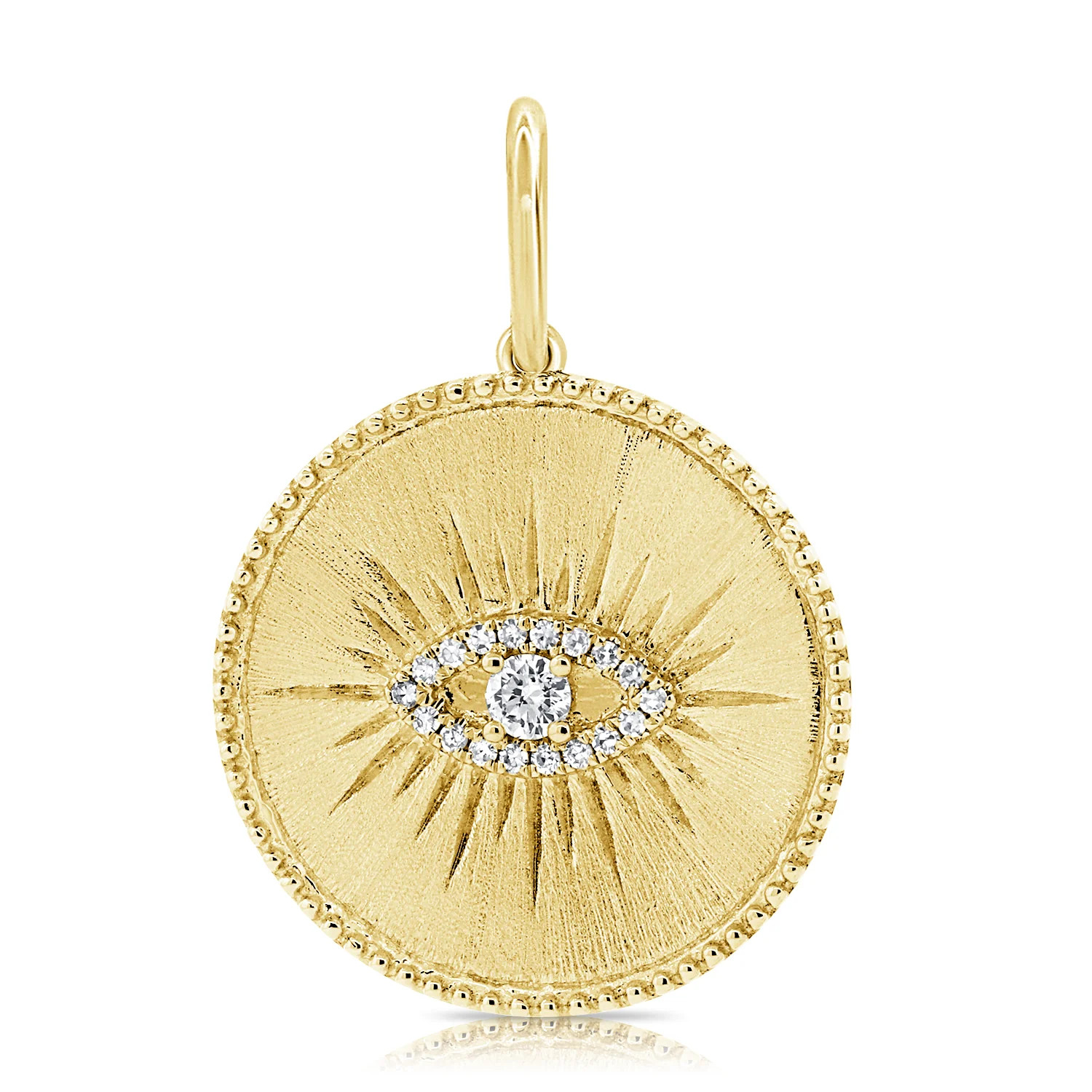 14K Solid Gold Diamond Evil Eye Medallion Pendant 4g Satin Sunburst Charm Matte