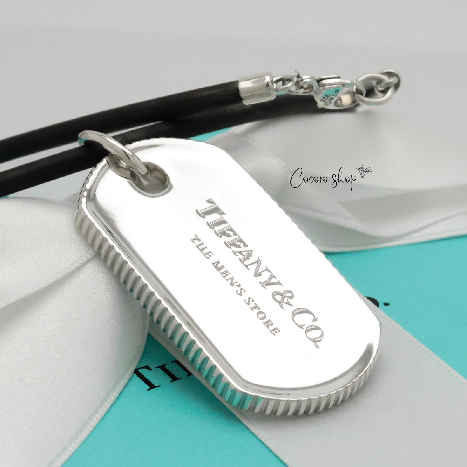 Authentic Tiffany & Co. Coin Edge Dog Tag Rubber Cord Necklace 21.2″ w/Pouch