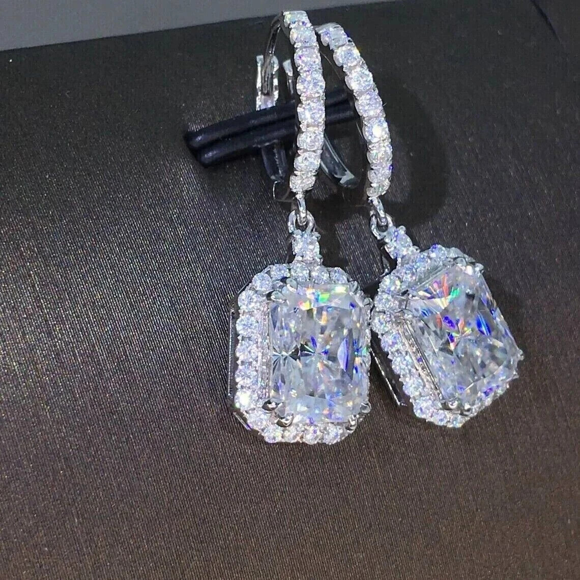 Earring Drop 4CT Lab Created Diamond Radiant Prong Setting 18K White Gold Plated