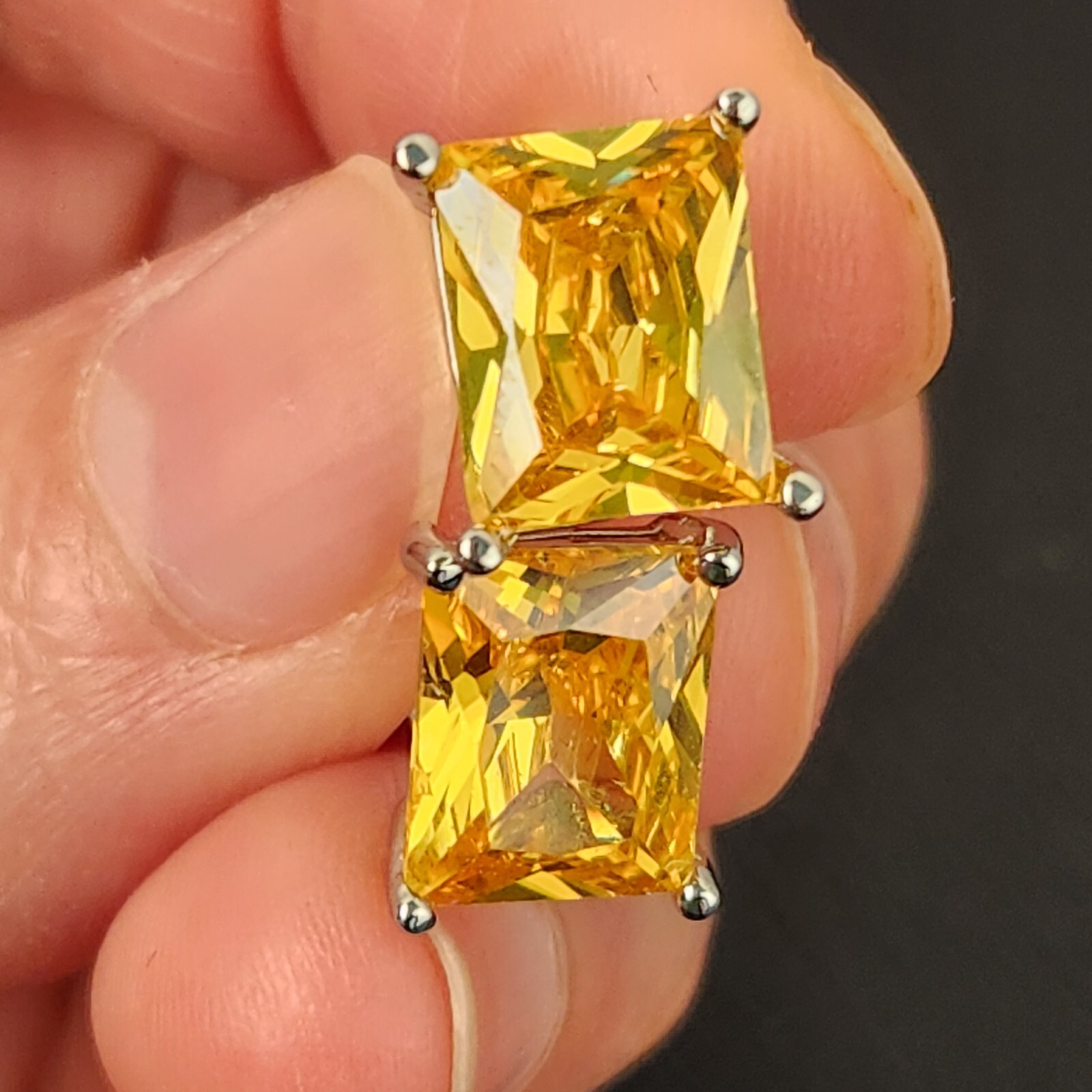 8CT Yellow Created Citrine Rectangle Stud Earrings In Sterling Sliver Push Back