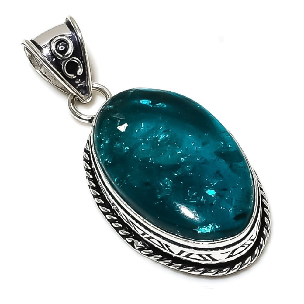 Blue Baltic Amber Handmade Gift 925 Sterling Silver Jewelry Pendant 1.97″ d934
