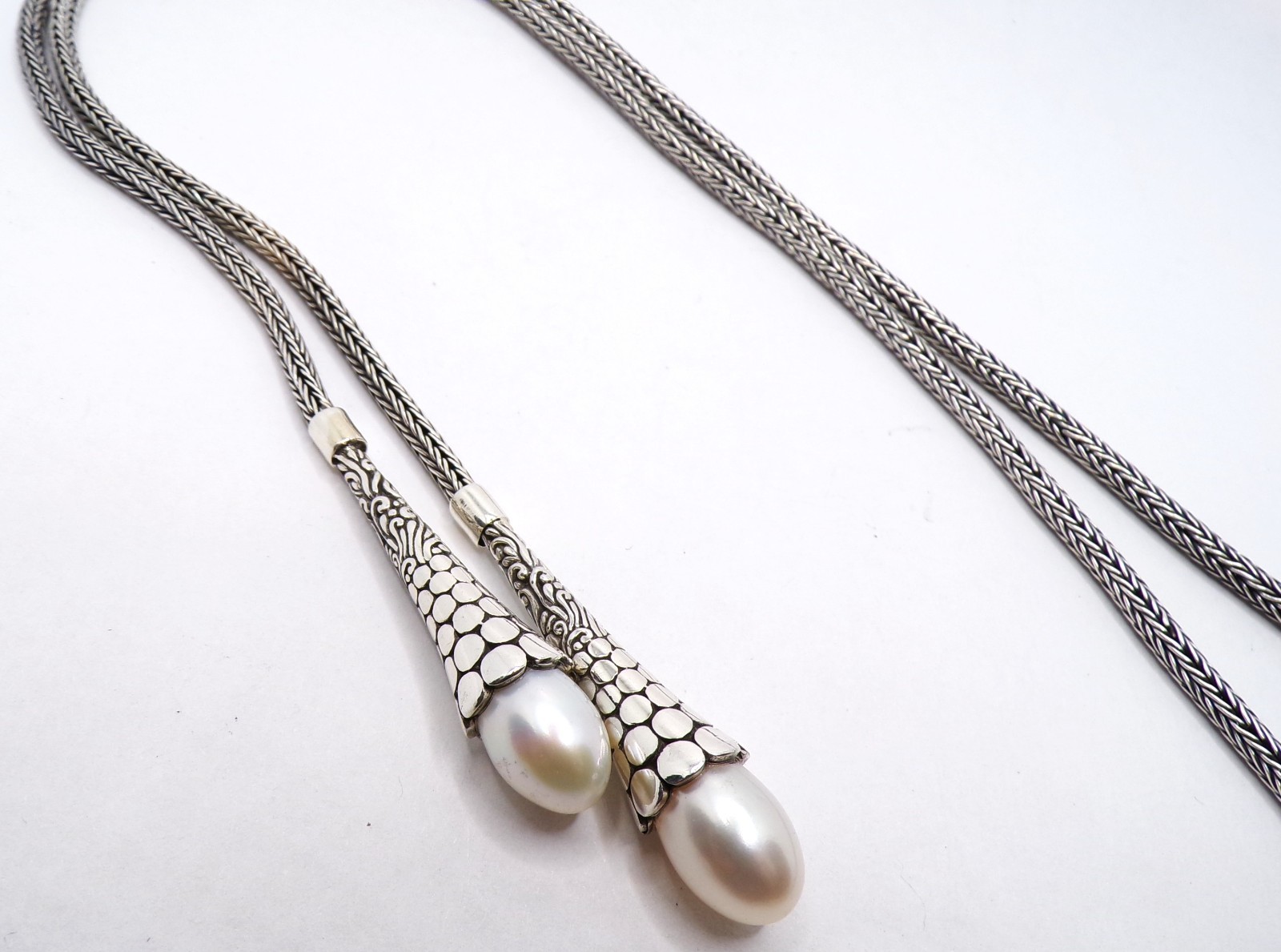 Artisan Sterling Silver & Pearl Lariat Necklace – Handmade in Bali