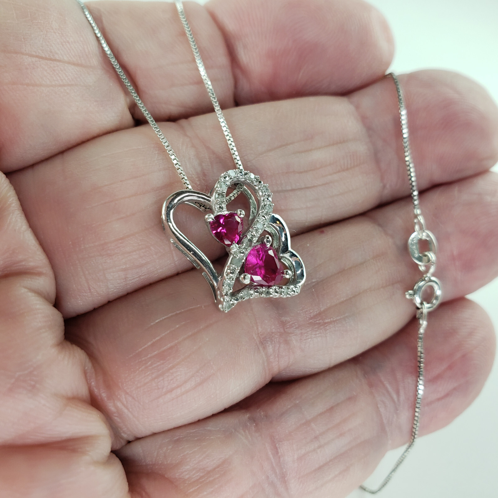 Sterling Silver Red Ruby & Diamond Pendant & 18-in Box Chain 3.2g [7064]
