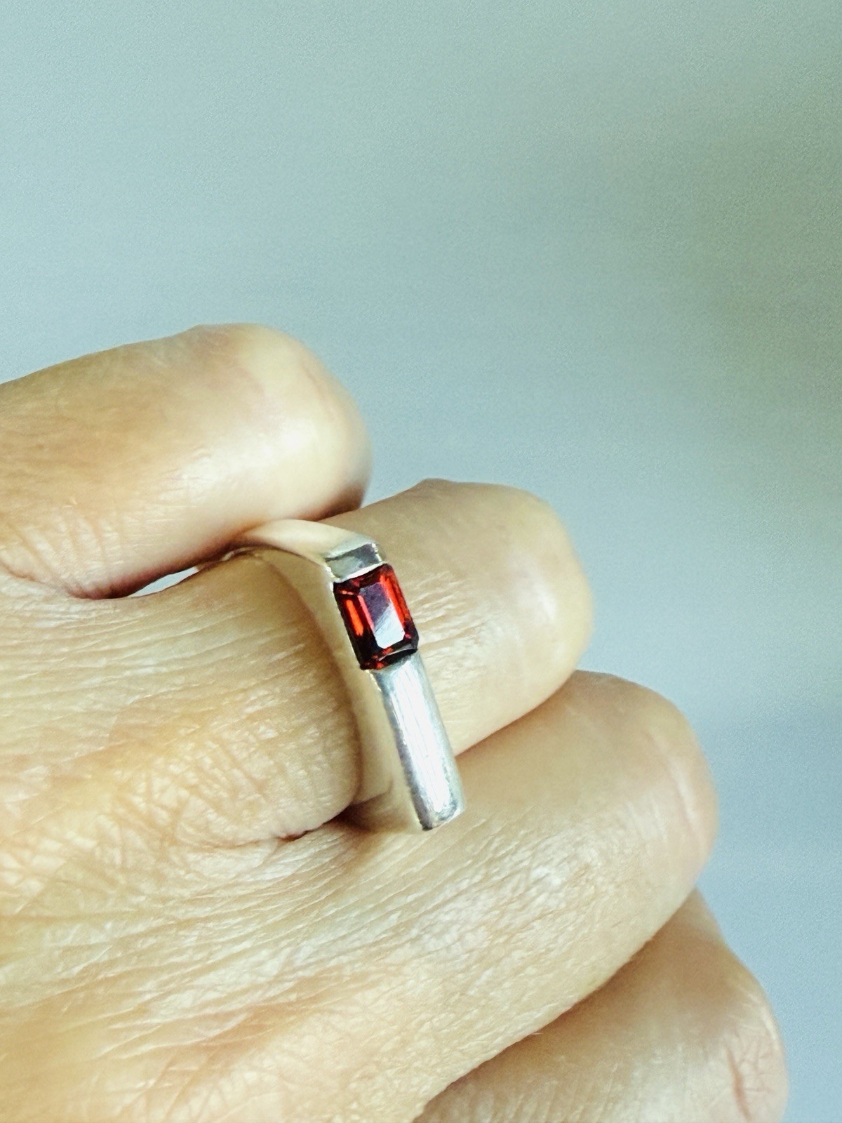 Modern Garnet Asymmetrical Stacking Ring Minimalist Sterling Silver Size 6.5
