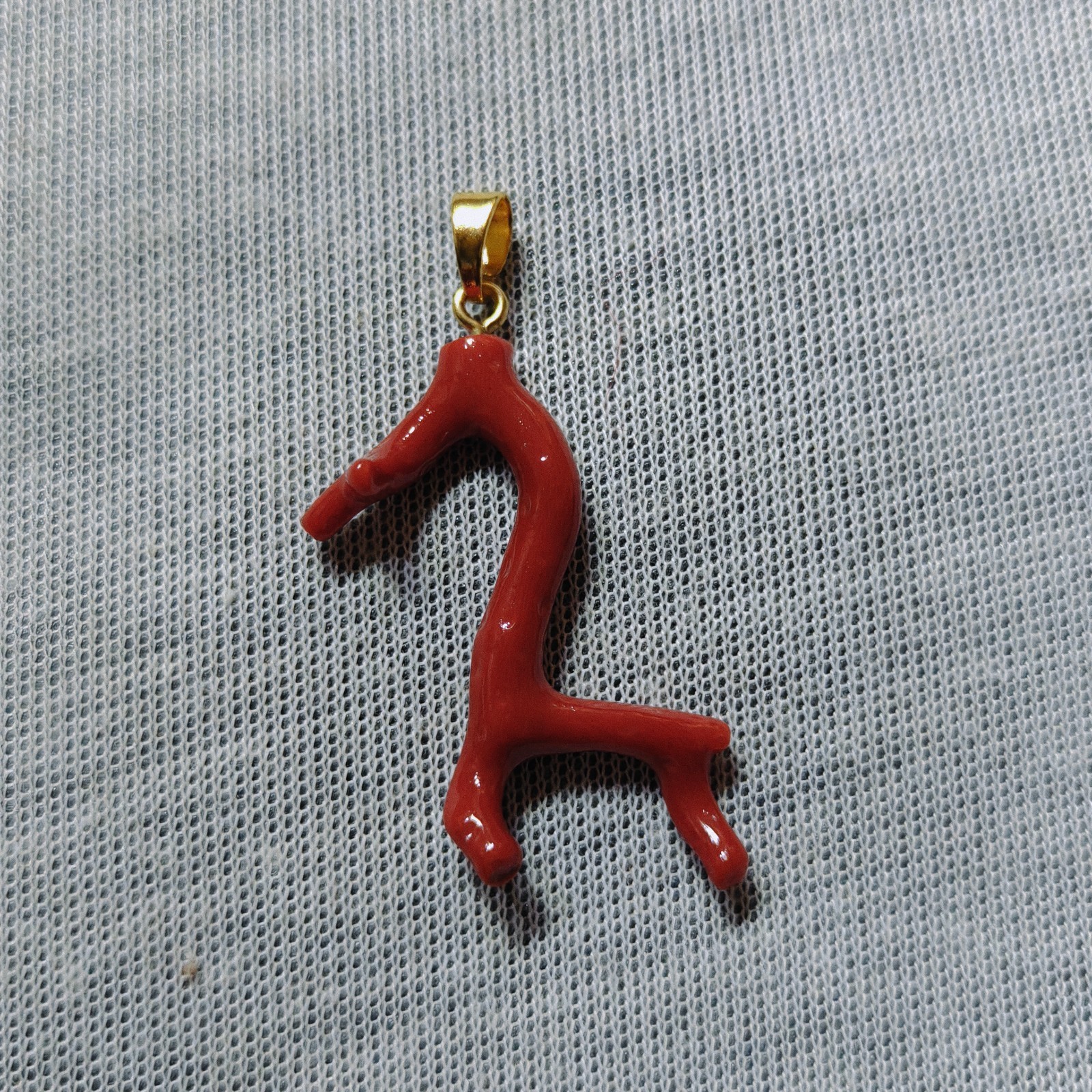 Natural Mediterranean Italian Red Coral Branch Brass Pendant Gemstone Charm Gift