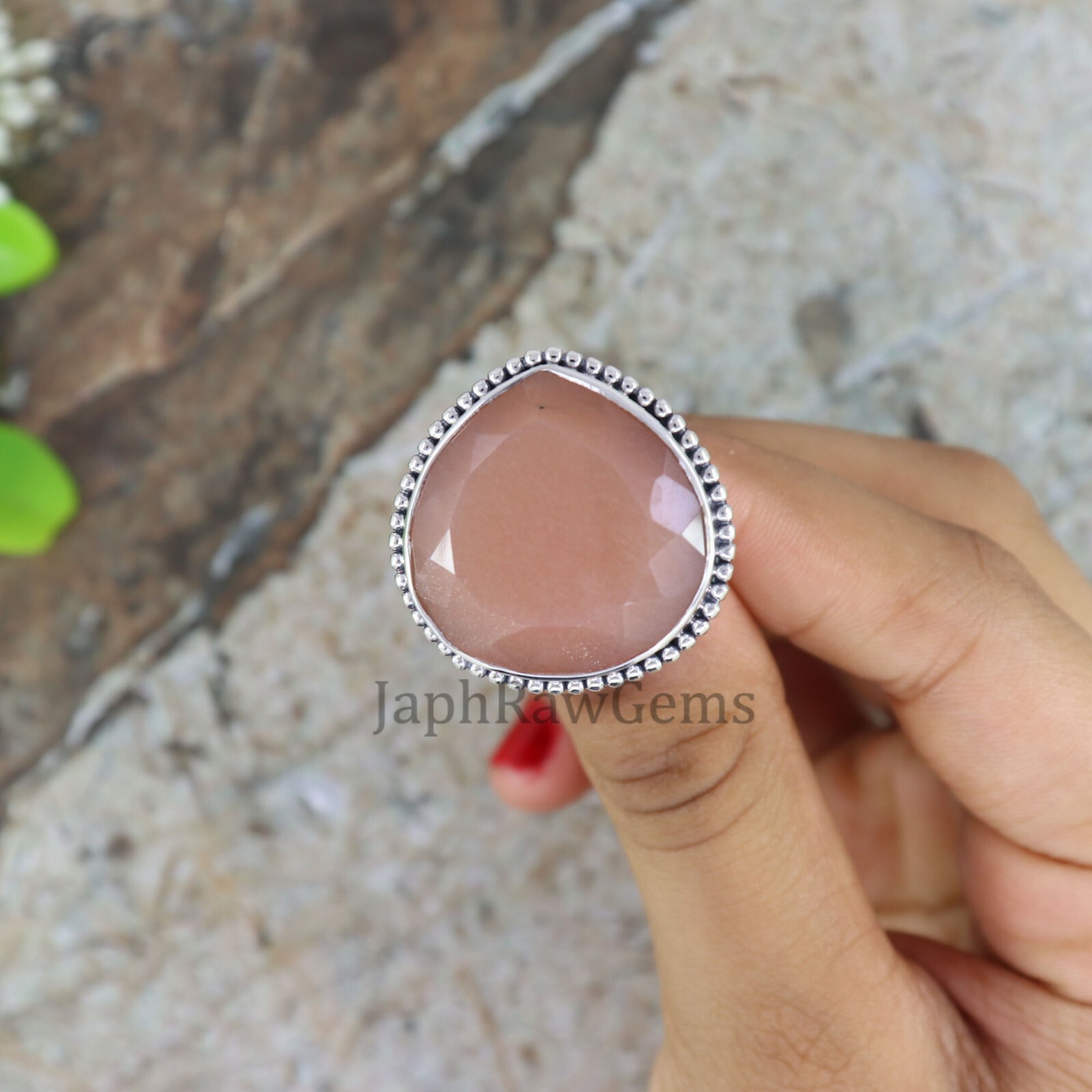 Natural Peach Moonstone Sterling Silver Statement Handmade Stone Ring Jewelry