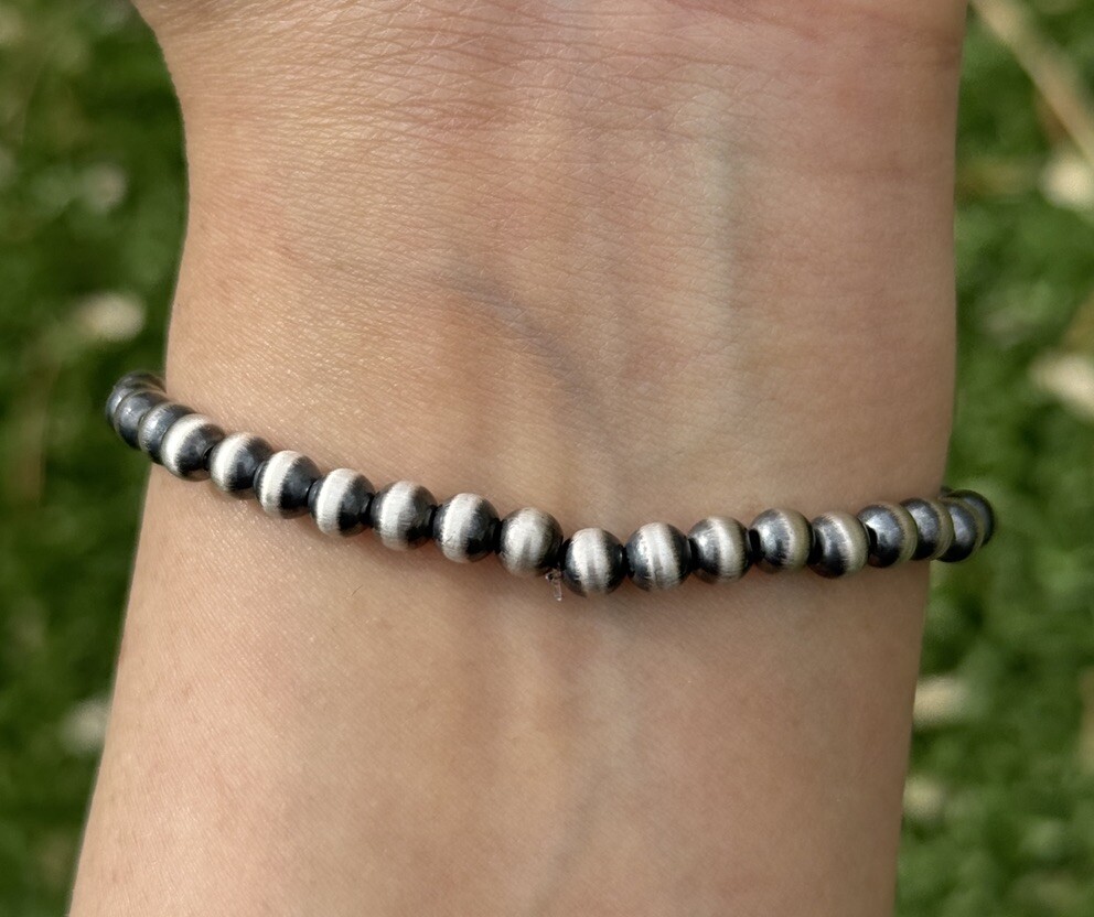 5mm 7 Inch Stretch Sterling Silver Oxidized Pearls Bead Bracelet Southwestern