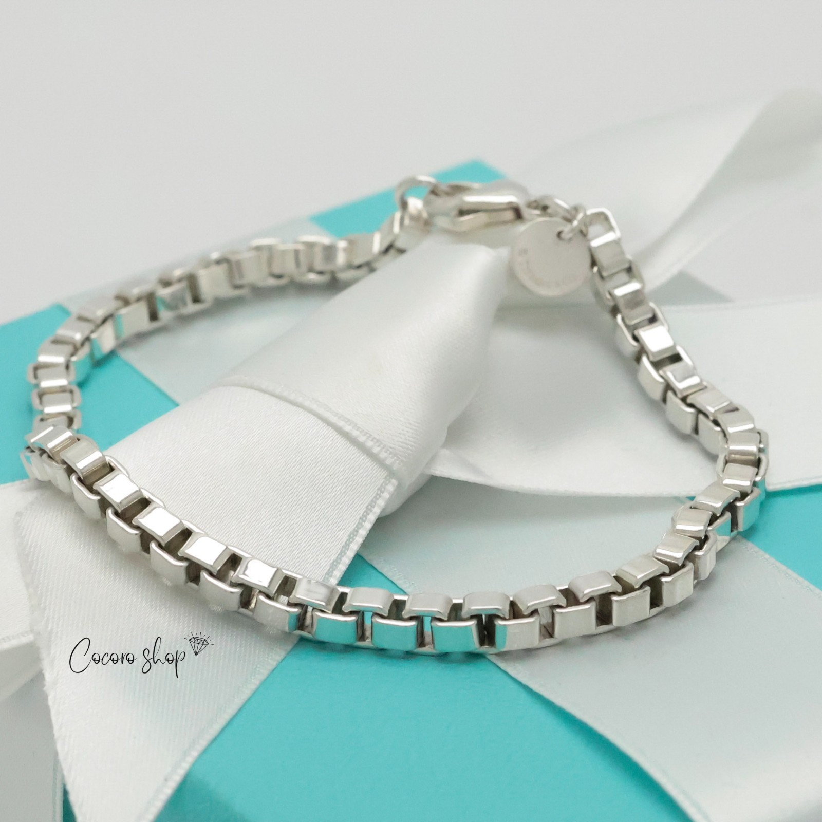 Authentic Tiffany & Co. Venetian Square Link Chain Bracelet 7.6″ Silver w/Pouch