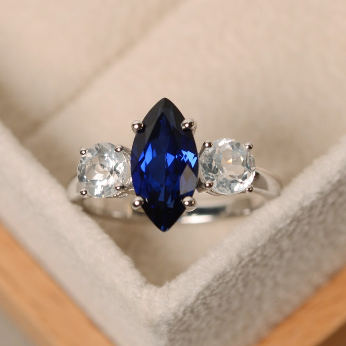 Blue Sapphire Lab Created Gemstone Three Stone Sterling Silver Ring Duty Free