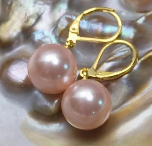 AAAA 16mm south sea pink shell pearl earrings 14K Yellow gold