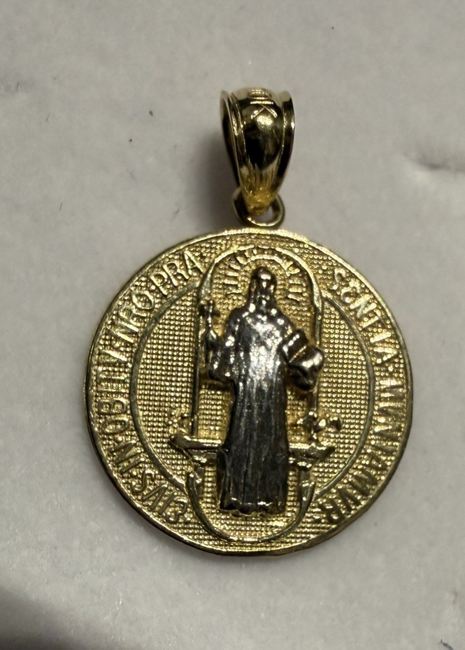10k Solid 2 Tone Gold 15mm Saint Benedict Pendant -Small 14K San Benito