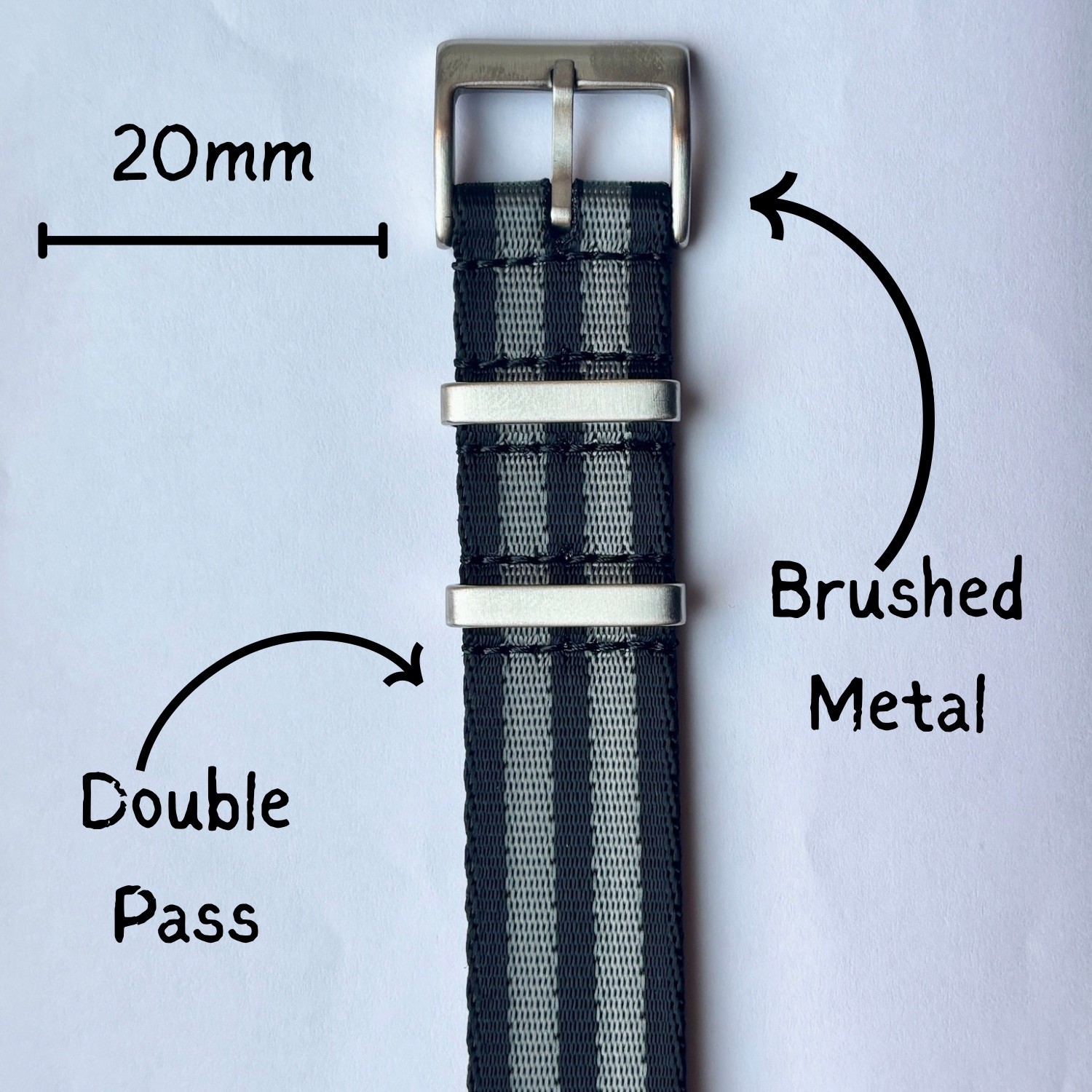 Premium Thickness N A T O Military Watch Strap | Brushed Buckle | 20mm | BOND
