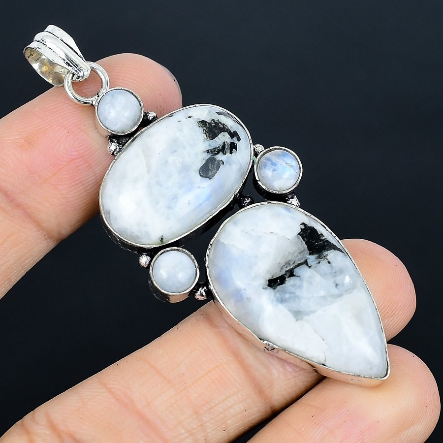 Resplendent Rainbow Moonstone Gemstone 925 Sterling Silver Pendant 2.53″