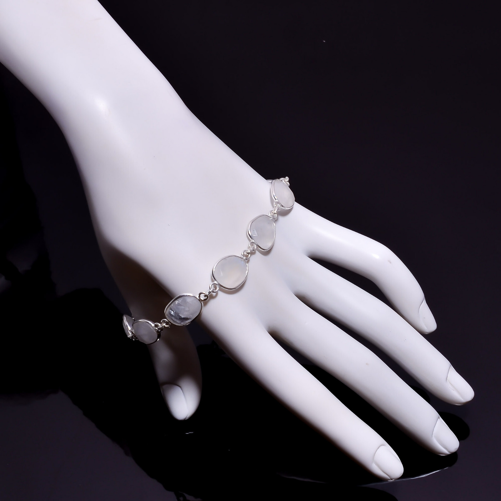 AAA Natural Rainbow Moonstone Gemstone 925 Sterling Silver Bracelet 7-8″