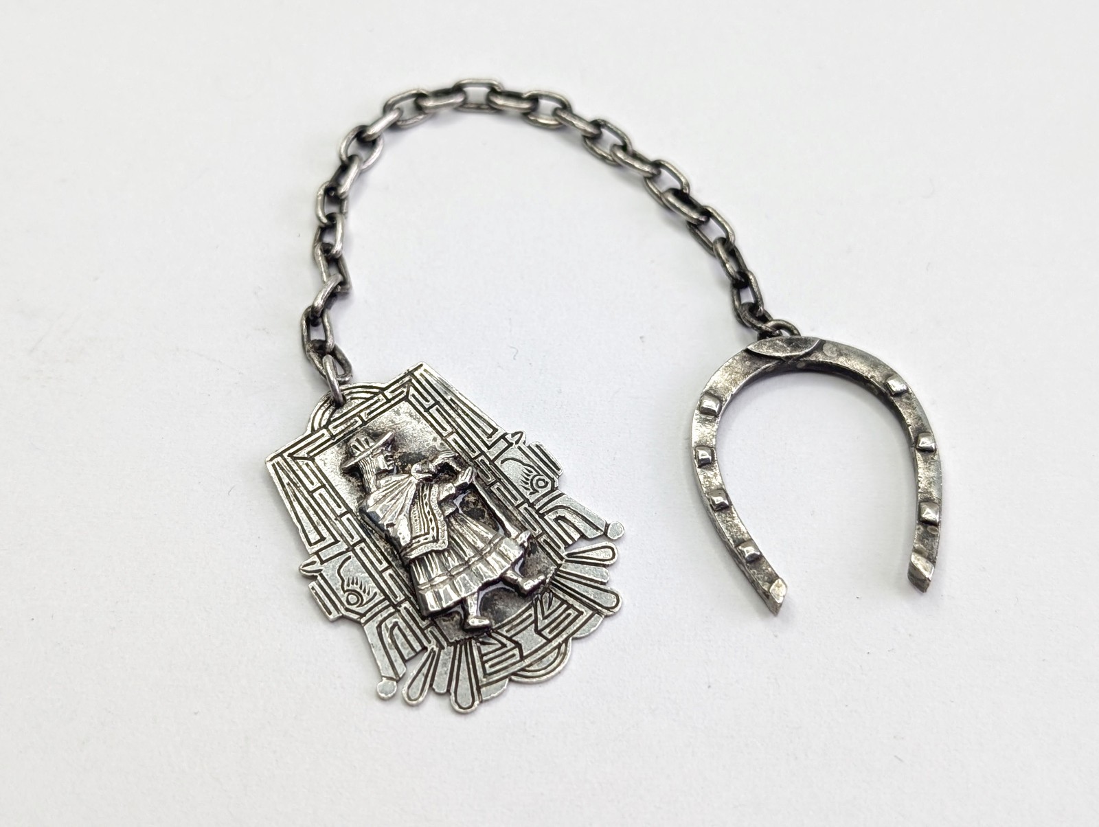 Vtg Handmade Peru Sterling Silver Horseshoe Chain Double Watch Key Fobs Pendant