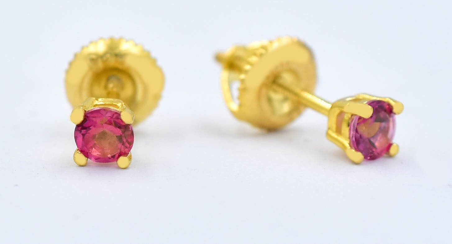 GENUINE PINK SAPPHIRE STUD EARRINGS 14K YELLOW GOLD PLATED (.925) – Screw Backs
