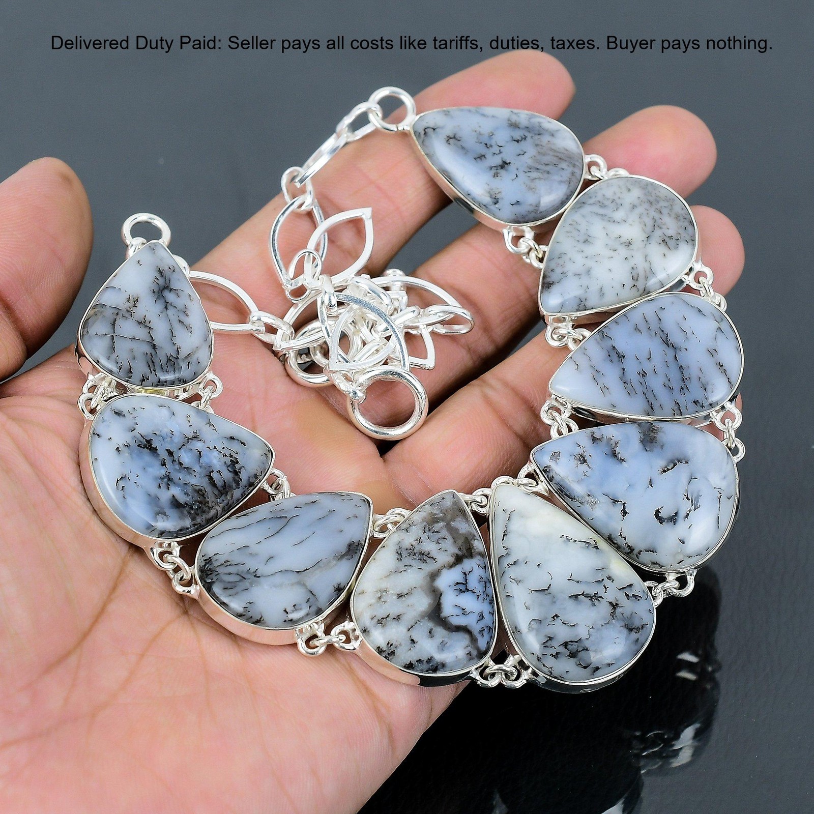 Pear Dendrite Opal Stone 925 Silver Bezel Chain Sister Unique Wedding Necklace