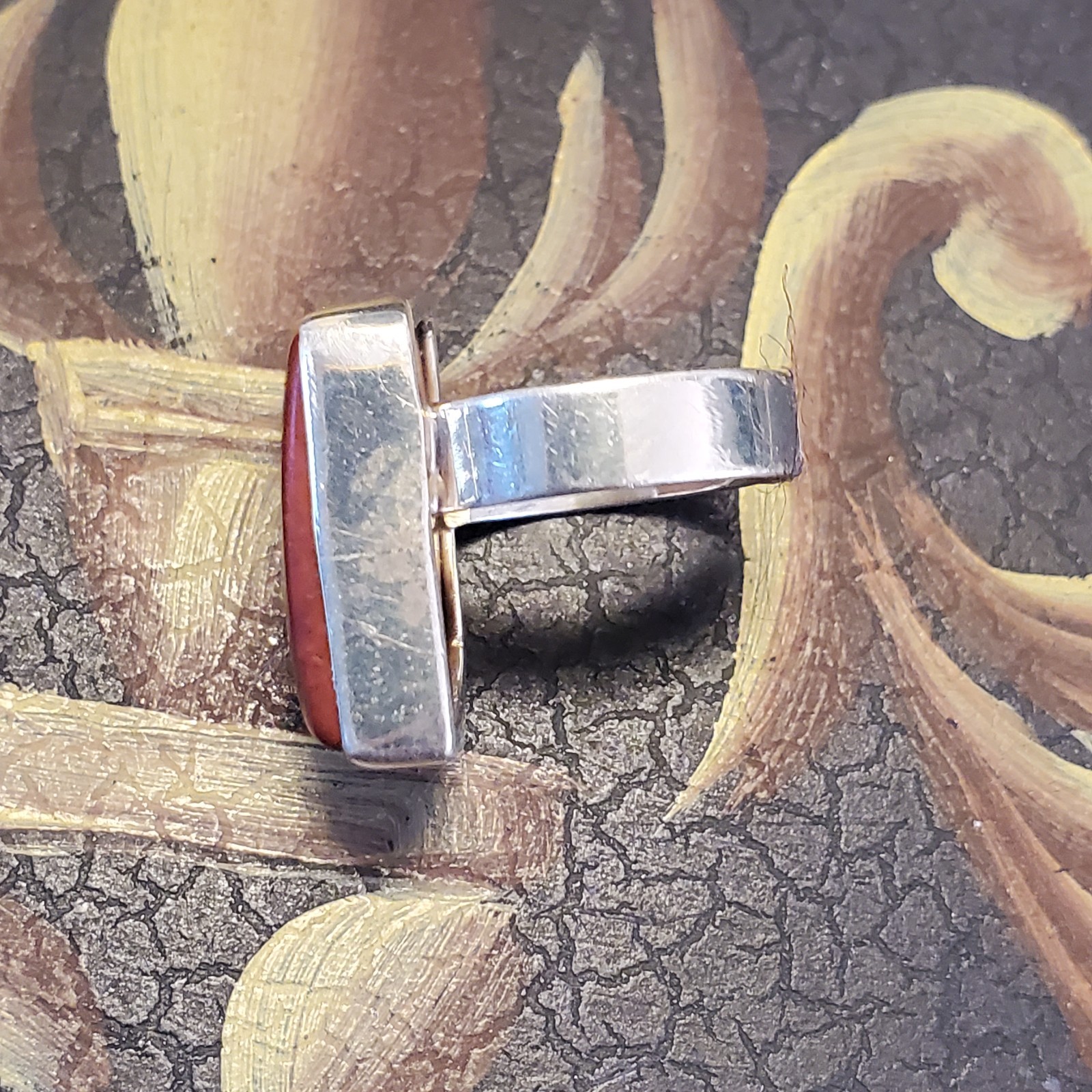 Sterling Silver Red Jasper Chalcedony Shield Ring Size 6.75 Iron Earthy Matte