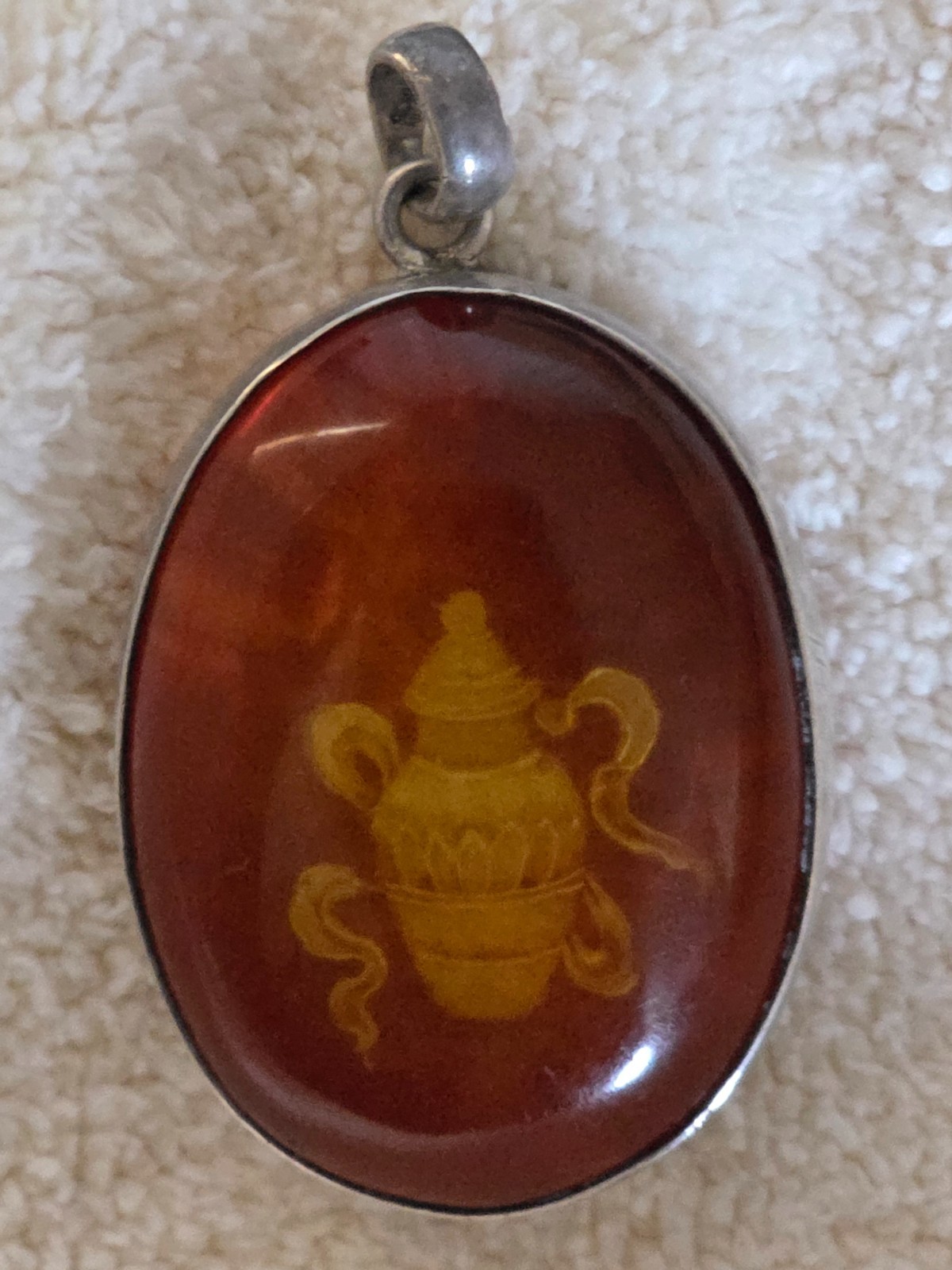 Cognac Baltic Amber, 15.86 Carat, Intaglio Treasure Vase 925 Pendant